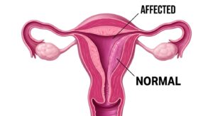 자궁의 해부학적 구조와 내막 상태를 보여주는 의학적 다이어그램
