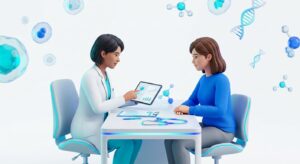 산부인과 전문의와 환자가 차트를 보며 상담하는 3D 일러스트