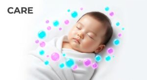 평온한 표정의 아기와 건강 관리 비주얼